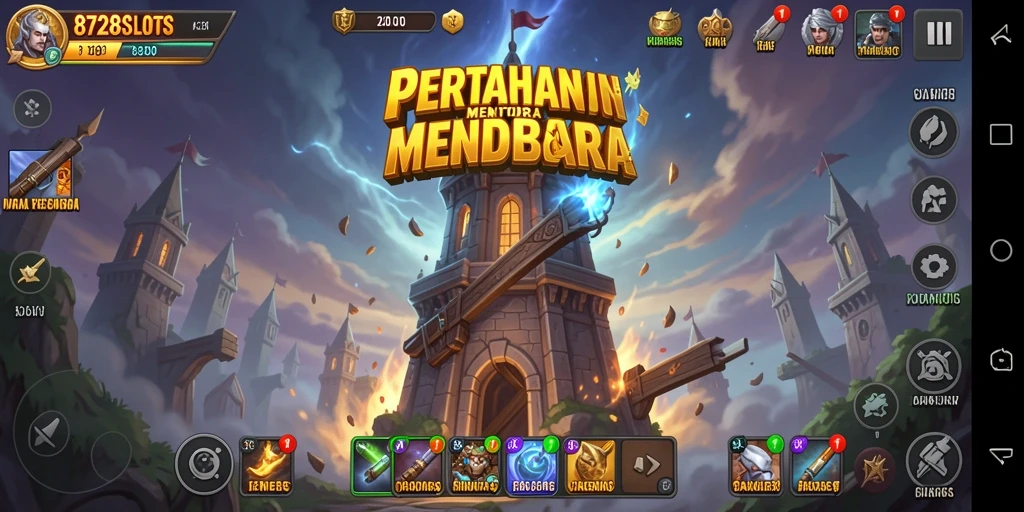 Screenshot gameplay 8728SLOTS menampilkan pertahanan menara yang intens.