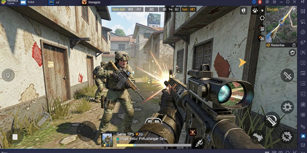 Screenshot gameplay menunjukkan aksi tembak-menembak yang intens