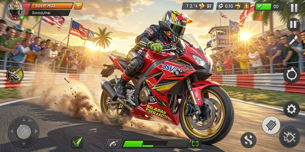 Tangkapan layar menampilkan aksi balapan motor yang intens.
