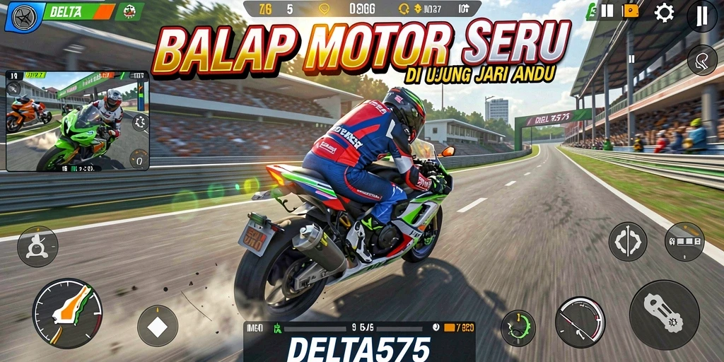 Screenshot DELTA575 menunjukkan aksi balap motor yang mendebarkan.