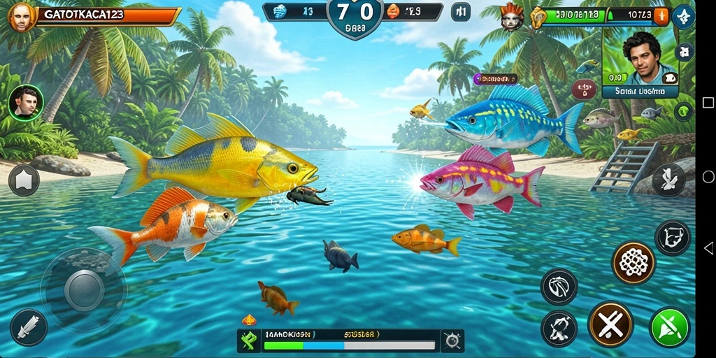 Tampilan gameplay seru GATOTKACA123 saat menangkap ikan.