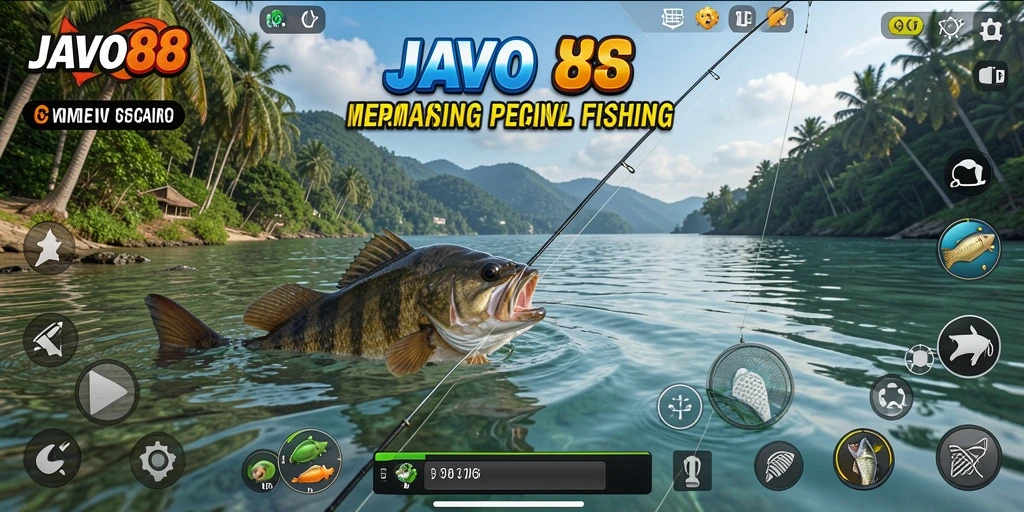 Screenshot gameplay JAVO88 menampilkan momen menangkap ikan di lokasi tropis.