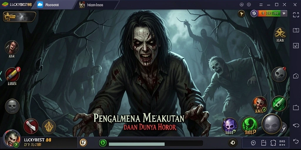 Screenshot gameplay LUCKYBEST88 yang menunjukkan suasana kegelapan dan horor.