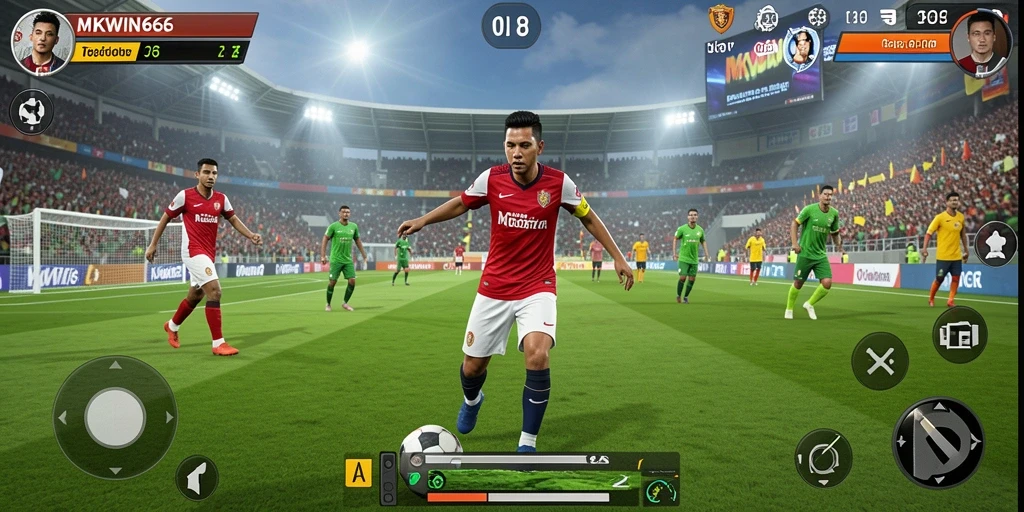 Screenshot gameplay MKWIN666 menunjukkan aksi seru di lapangan sepak bola.
