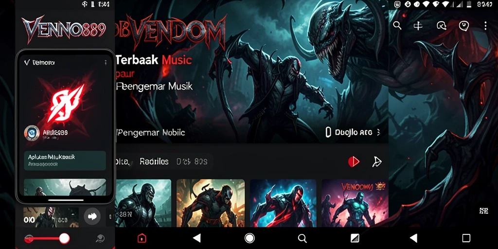 Tampilan gameplay dari VENOM889 dengan berbagai pilihan musik.